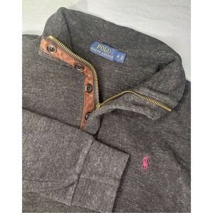 Polo Ralph Lauren 1/4 Zip Button Pullover Henley Sweater Gray Maroon Pony M